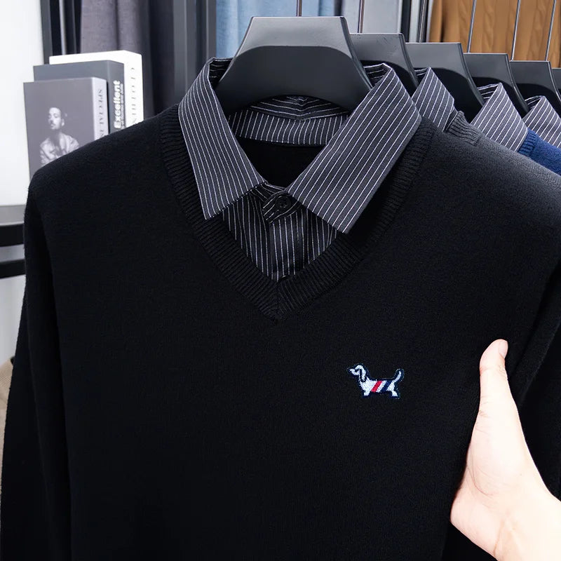 Trend Man False Two-Piece Long-Sleeved Knitwear Striped Dog Embroidery Autumn Winter New Pullover Casual Versatile Men'sClothing