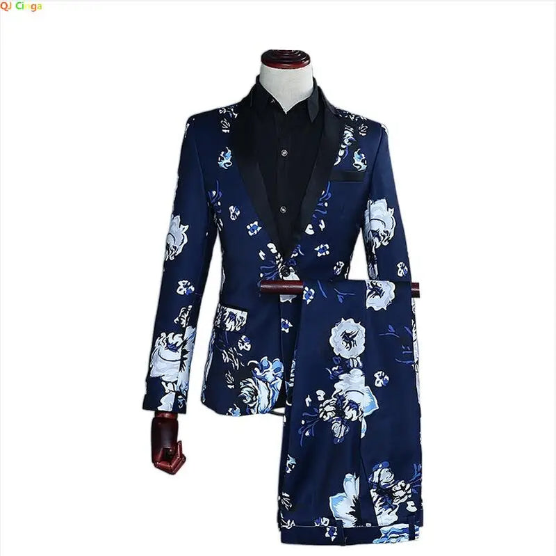 Men's Blue Printed Two-Piece Set, White Slim Fit Dress Jacket and Pants, Single Button Black Blazer Coat with Trouser.New 2026