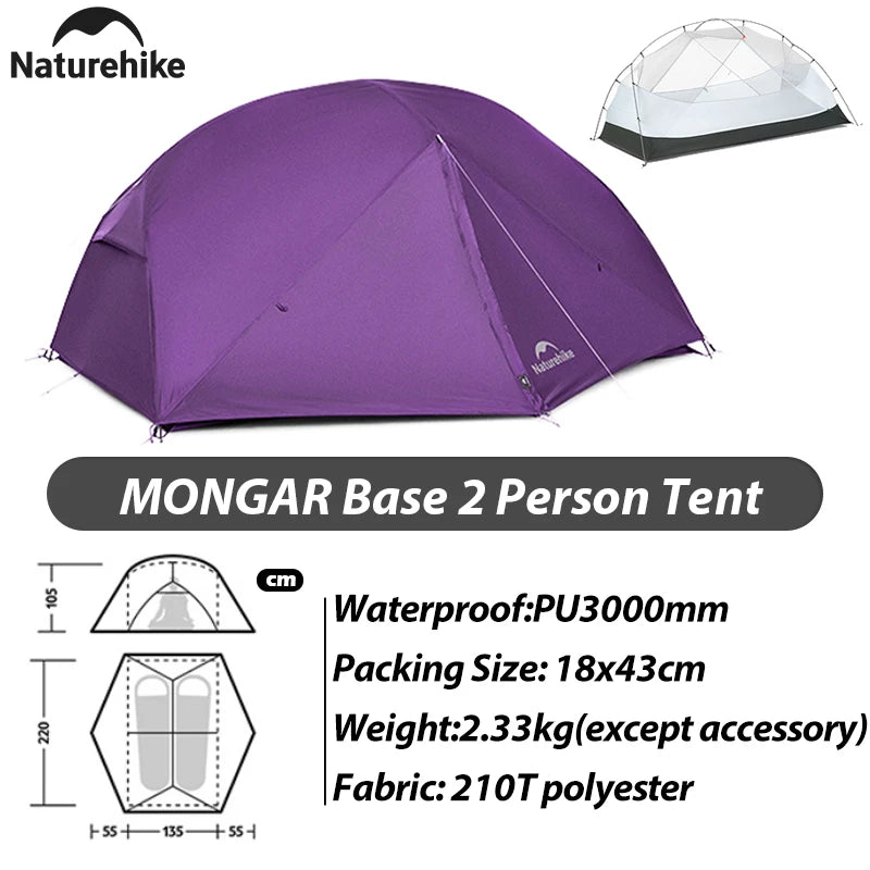 Naturehike New 2026 Mongar Base Outdoor Double Layer 210T 2/3Person Tent Ultra Light Hiking Waterproof Tent Outdoor Camping Tent
