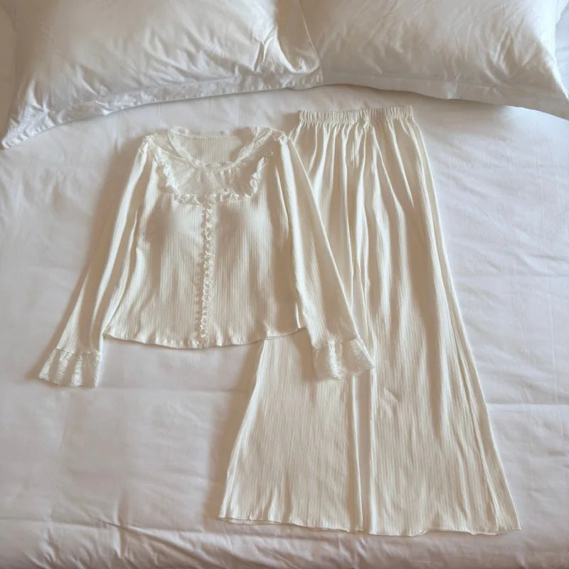 Autumn Sleepwear Woman Nightwear Chest Pads Two Piece Pajamas Set Lady Long-sleeved Trousers Home Clothes Pijama Soft Loungewear