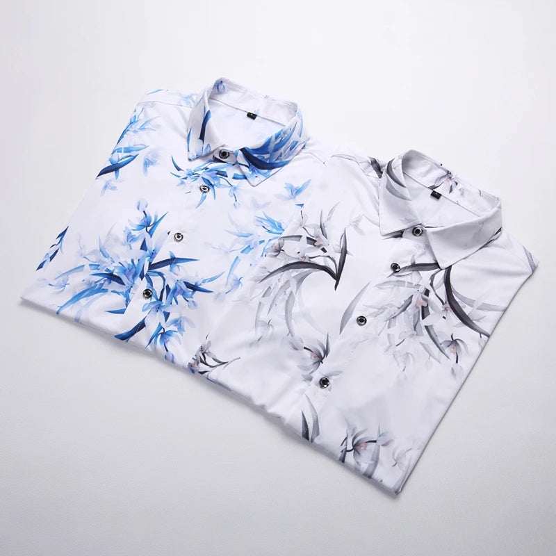 2026 Summer Men's White Short-Sleeved Printed Shirt, Blue Single-Breasted Lapel Shirts, Asian Sizes M-7XL.