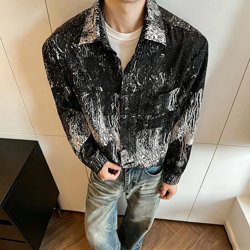 Mens Vintage Texture Graffiti Shirt Turn Down Collar Long Sleeve Button Front Relaxed Streetwear Casual Outerwear