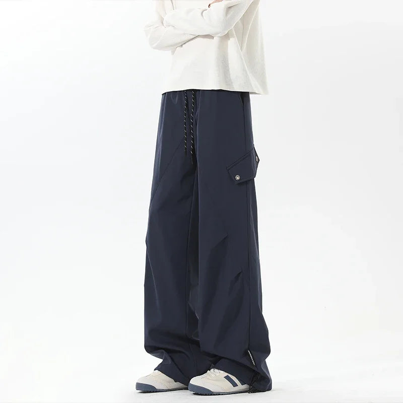 Mens Lightweight Wide Leg Cargo Trousers Drawstring Elastic Waist Multi Pockets For Hiking Travel Urban Casual Outfits