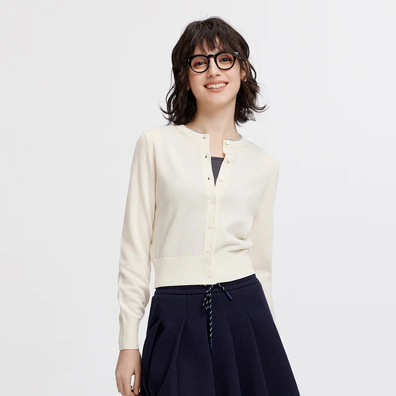 Semir Women Cardigan Short Contrast Crew Neck Faux Two Piece Wool Blend Soft Elegant Autumn Knitwear Daily Wear 2026
