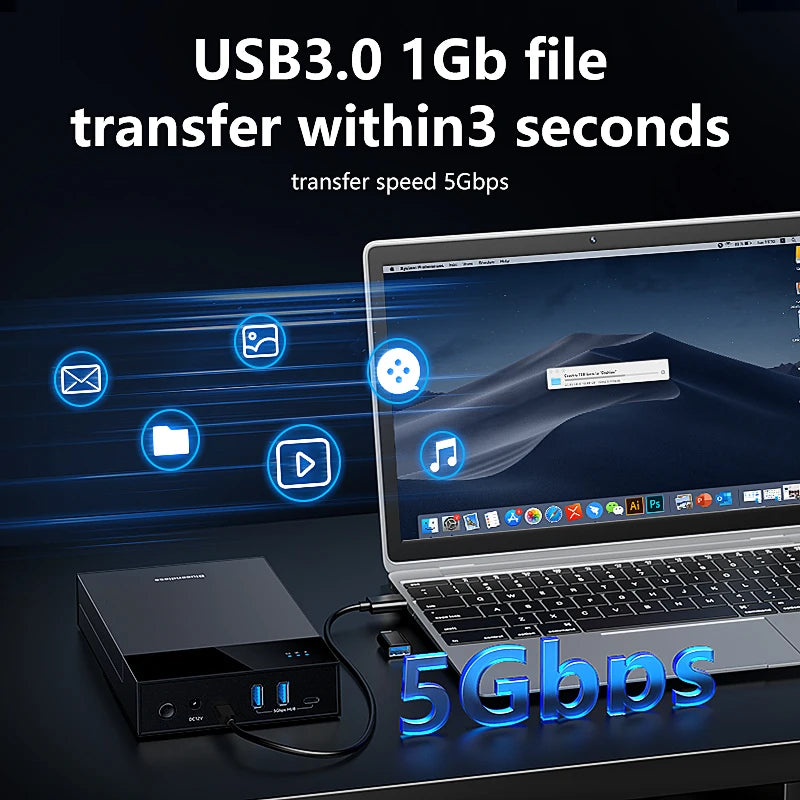 ប្រអប់ Blueendless 2.5/3.5 HDD/SSD ជាមួយ USB3.0 HUB គាំទ្រអាដាប់ទ័រ 18TB ប្រភេទ C ទៅ SATA ប្រអប់ HDD ឥតគិតថ្លៃជាមួយអាដាប់ទ័រថាមពល 12V