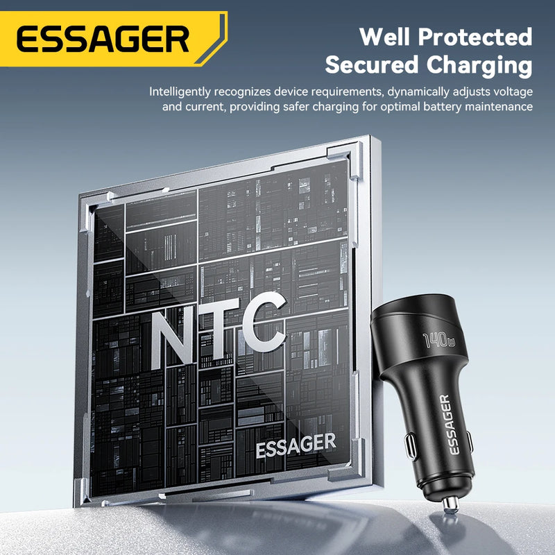 Essager 140W Car Charger PD 3.1 Fast Charging Quick Charge 4.0 For Macbook Pro Laptop USB Type C Car Phone Charger For iPhone 16