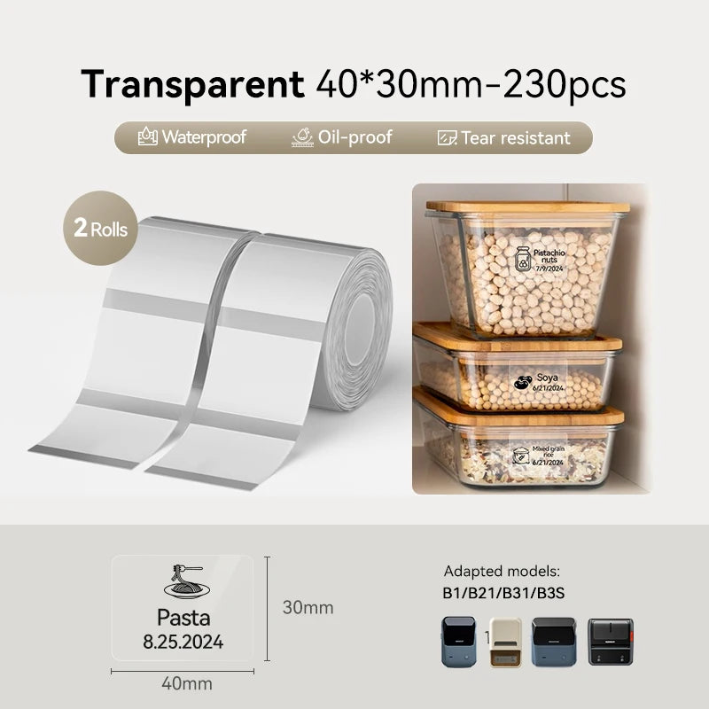 2 Rolls NIIMBOT B1 B21 B3S Thermal Label Clothing Price Food Self-adhesive Tag Waterproof Office Pocket Printer Label Paper