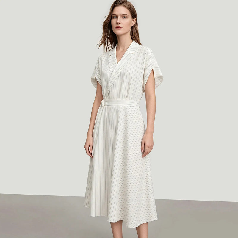 Amii Striped Women's Dress 2026 Summer New Lapel Dolman Short Sleeve Waist Belt Office Casual Long Dress For Women 12652056