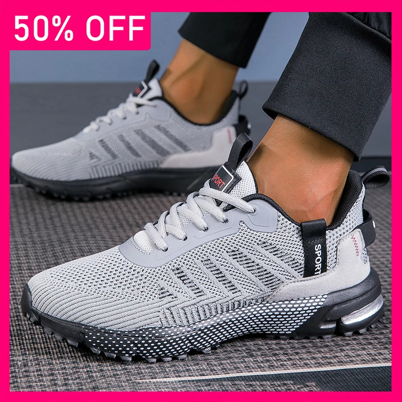 Men Sports Shoes Fashion Lace Up Mesh Breathable Versatile Running Shoes New Thick Soled Anti Slip Wear-resistant Hiking Shoes