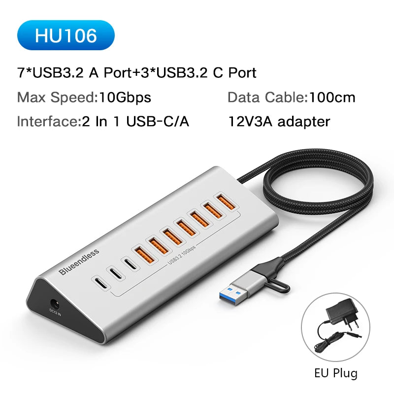 ស្ថានីយ៍ចត HUB អាលុយមីញ៉ូម Blueendless 10Gbps USB3.2 Gen2 4/10 រន្ធ USB-C USB-A ប្រភេទ C ឧបករណ៍បំបែកសម្រាប់កុំព្យូទ័រកុំព្យូទ័រយួរដៃ macbook