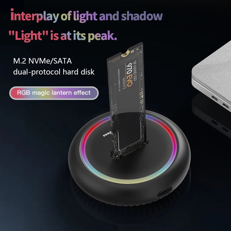 ស្ថានីយ៍ចត SSD M.2 ពិធីការពីរ Blueendless ភ្លើង LED RGB M.2 SATA USB C SSD Case NVME+NGFF HDD SSD Docking Station រឹងមាំ