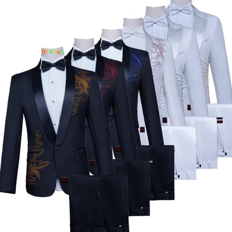 Men's Black Tuxedo Set with Diamond Embellished Jacket and Matching Trousers in White for Choirs/Stage Performances/Weddings