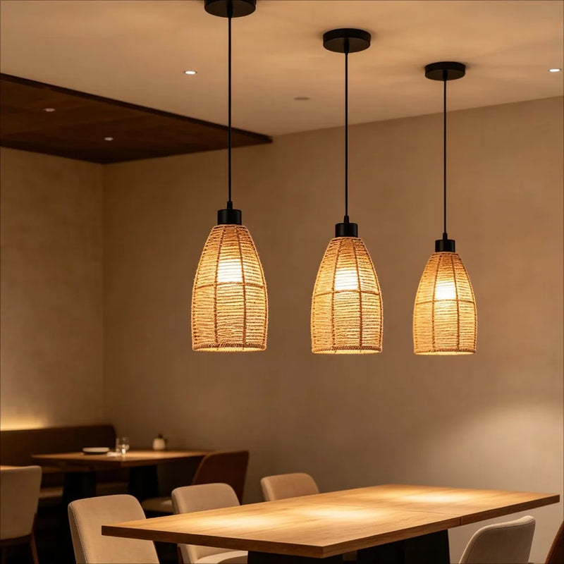 JOYINLED Boho Rattan Chandelier Wicker Pendant Lighting Fixture Woven Ceiling Chandelier for Kitchen Dining Room Farmhouse