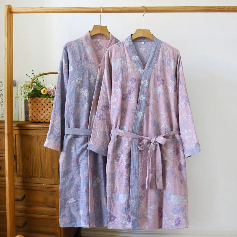 Kimono Robe Women's Bathrobe Female One Piece Pajamas Loungewear for Spring and Autumn 2026 New Floral 100% Cotton Home Servic