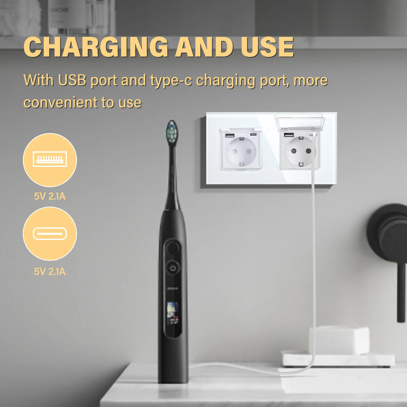 BSEED Touch Light Switch 1/2/3Gang 1Way EU Socket With Cover Glass Panel 300W Power Led Switches Waterproof USB Type-C Socket