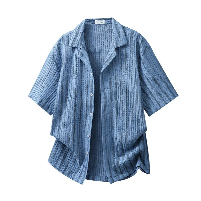 DUKEEN Men's Textured Striped Cuban Collar Shirt Old Money Style Short Sleeve Camp Collar Casual Beach Vacation Shirt