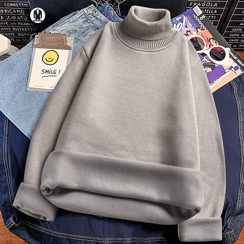 Winter Thermal Base Layer Men High Collar Knitted Pullover Full Fleece Lined Soft Long Sleeve Daily Commute Sweater