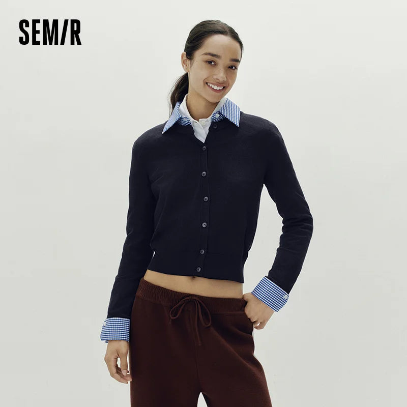 Semir Women Cardigan Plaid Shirt Collar Faux Two Piece Regular Shoulder Commuter Style Short Knitwear Daily Wear 2026