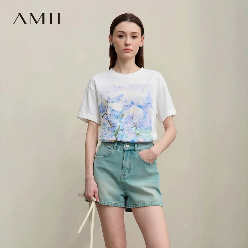 អាវយឺត Amii Minimalism សម្រាប់ស្ត្រី 2025 រដូវក្តៅថ្មី ដៃខ្លី កប្បាស មធ្យម សិល្បៈ គំនូរប្រេង បោះពុម្ព អាវធម្មតាសម្រាប់ស្ត្រី 12642221