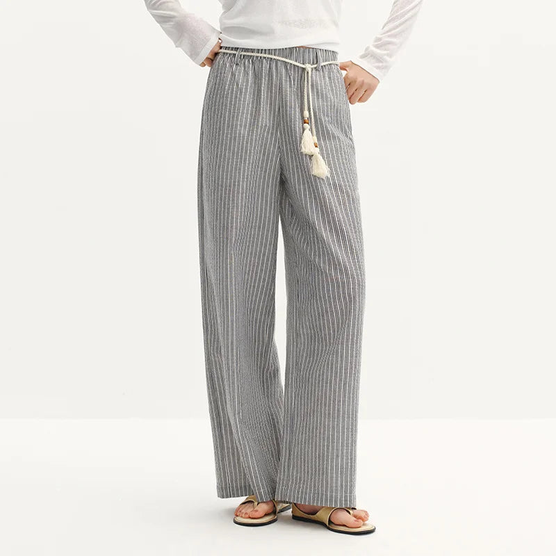 Semir Women Pants Striped 2026 Soft Drape Wide Leg Belted Urban Casual Everyday Style Soft Comfortable Daily Wear Trendy