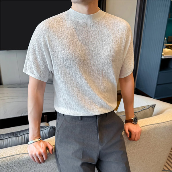 Men's Summer Short Sleeve T-Shirt Knitted Crew Neck Loose Fit Drop Shoulder Ice Silk Cooling Base Layer Top