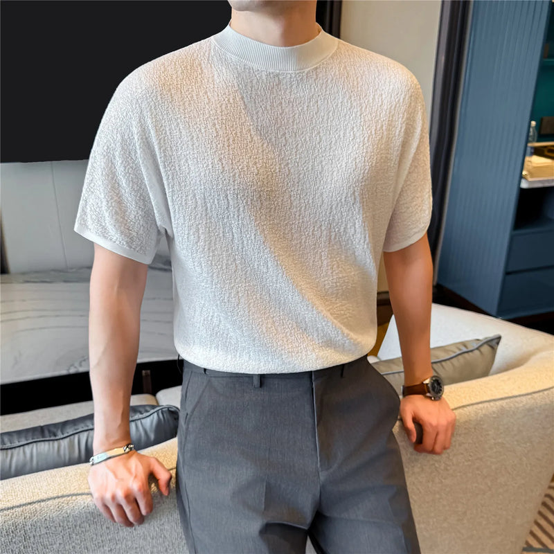 Men's Summer Short Sleeve T-Shirt Knitted Crew Neck Loose Fit Drop Shoulder Ice Silk Cooling Base Layer Top