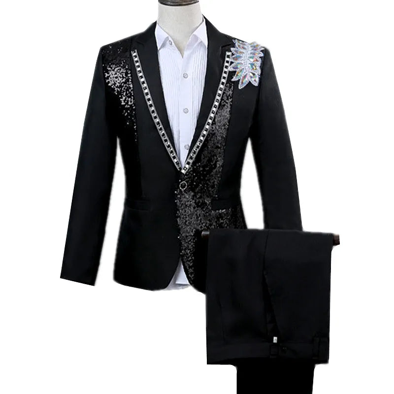 2027 New Men's Two-Piece Suit Set; The Jacket Features Circular Sequin Embellishments, Perfect for Nightclubs, Singers, Parties.