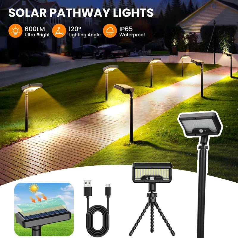 Solar Pathway Lights 92 LEDs Motion Sensor Garden Light Type-C Rechargeable Adjustable Angle for Walkway Driveway Sidewalk Patio
