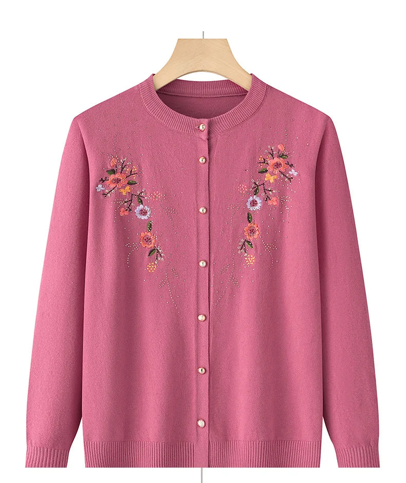 Middle-aged And Elderly Women's Embroidery Knit Cardigan Jacket Single-breasted Slim Sweater Coat Spring Autumn Grandma Clothing