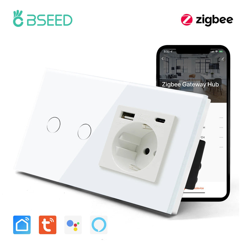BSEED Zigbee Switch 1/2/3Gang Smart Sensor Switch Tuya Smart Life Control No Neutral Line With Normal EU Wall Socket