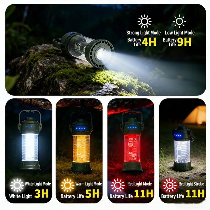 Multifunctional LED Camping Light 6 Lighting Modes Flashlight with Hook Type-C Rechargeable for Emergency Tent Yard Car Repair