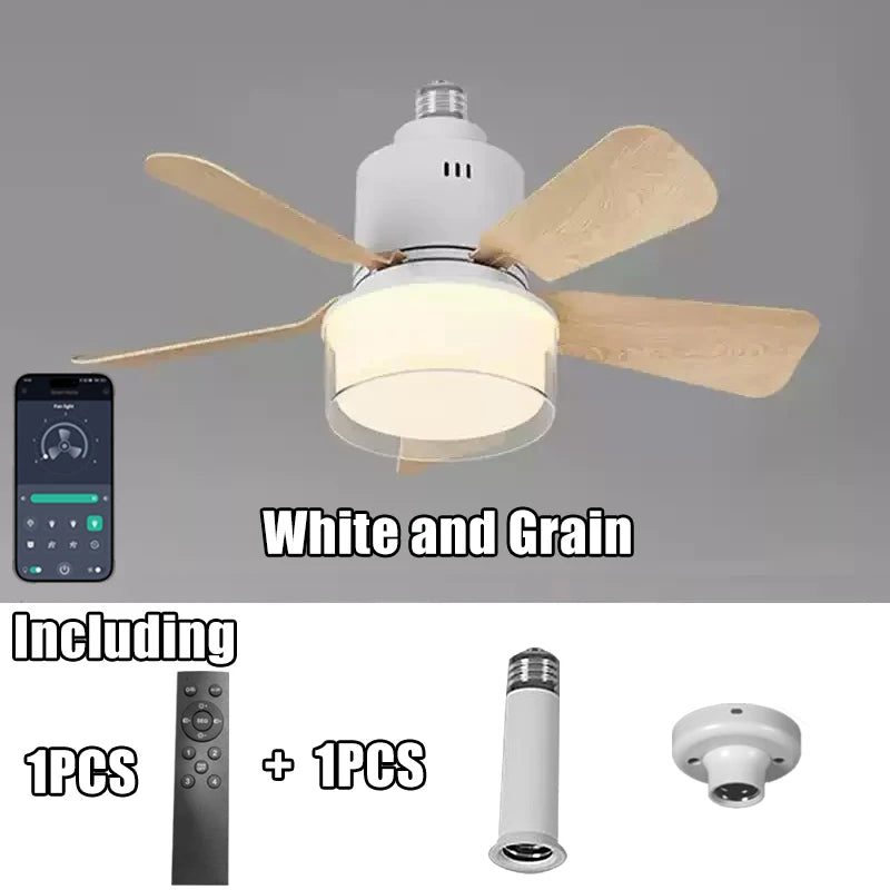 កង្ហារពិដានឆ្លាតវៃ 2-in-1 ភ្លើង LED ភ្លើង E27 កង្ហារបញ្ជាតាម APP ជាមួយប៊្លូធូស រចនាស្ងាត់សម្រាប់ការតុបតែងបន្ទប់គេង