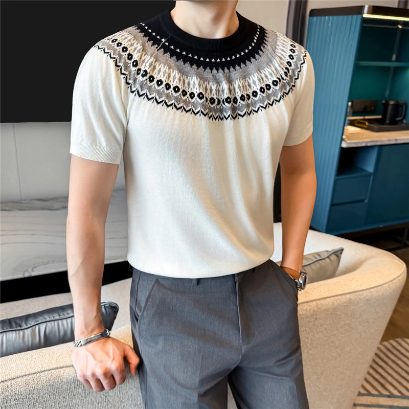 Men's Fair Isle Knitted Short Sleeve T-Shirt -Old Money Style Crewneck Summer Top Vintage Geometric Jacquard Casual Business Tee