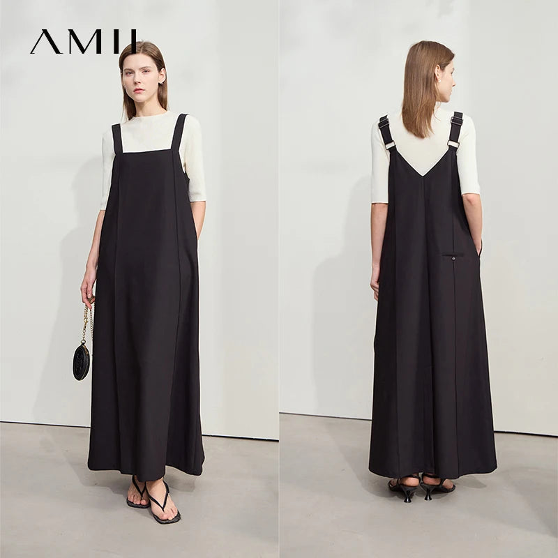 AMII Loose Solid Color Dress Two Wear Front Back Casual 2026 Summer Women Simple Retro Strap Office Lady Pocket A Line 12552090