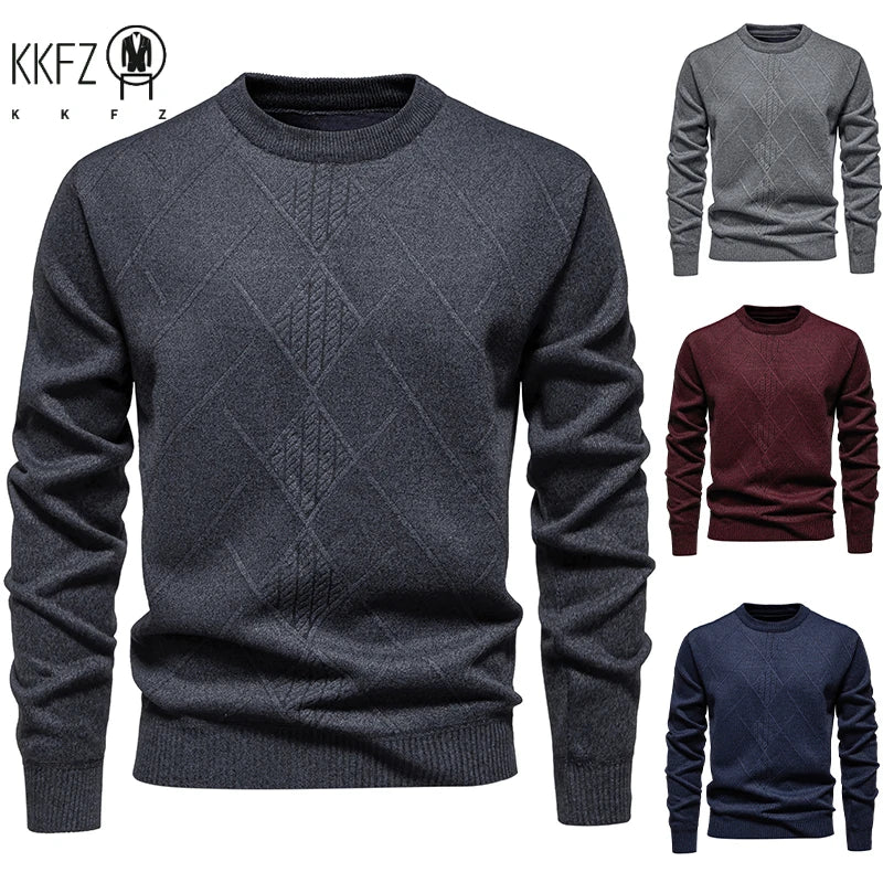 Semi Formal Male Winter Sweater Thick Fleece Lining Geometric Diamond Woven Pattern Crew Neck Long Sleeve Top