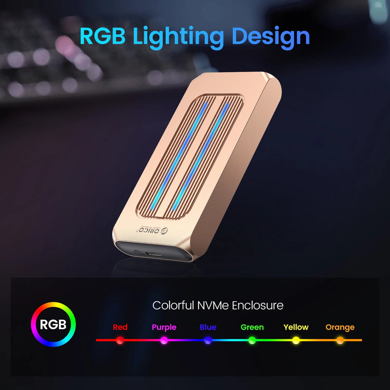 ORICO RGB M.2 SSD Enclosure 10Gbps M2 NVMe SSD Case All Aluminum USB3.1 Gen2 Case for Solid State Drive for Gamer Video Editing