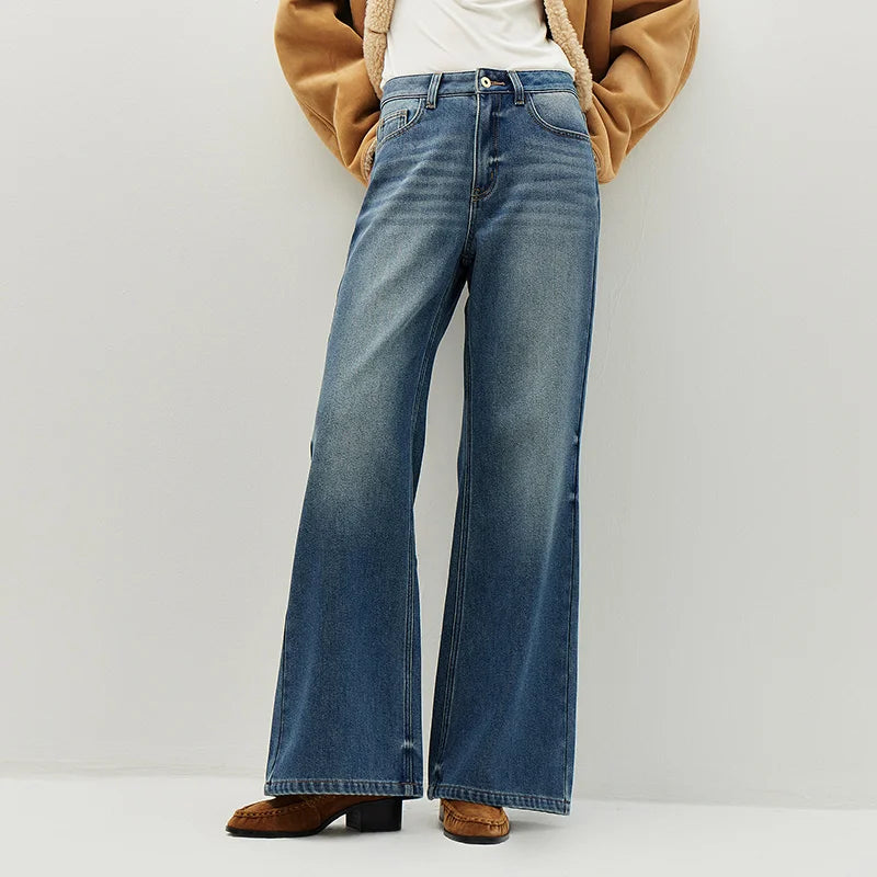 Semir Women Jeans Belted Fleece Lined Flared Loose Fit Distressed Wash 2026 Vintage HighWaist Streetwear Denim Pants