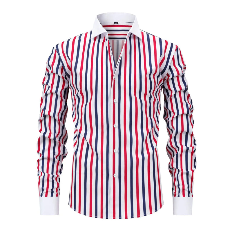 Men's Long-sleeve Stretch Shirt with Black-White Stripes; Suitable for Weddings/Parties/Business/Casual Wear; Red, Blue, Yellow.