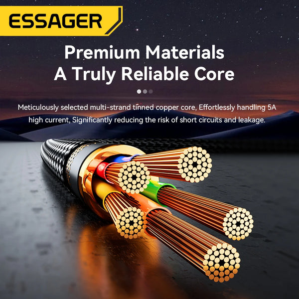 ខ្សែសាក Essager LED 100W ប្រភេទ C ទៅប្រភេទ C សម្រាប់ iPhone 16 15 Xiaomi Huawei 5A/3A PD សាកថ្មលឿនសម្រាប់ Macbook iPad Pro ថេប្លេត កុំព្យូទ័រយួរដៃ