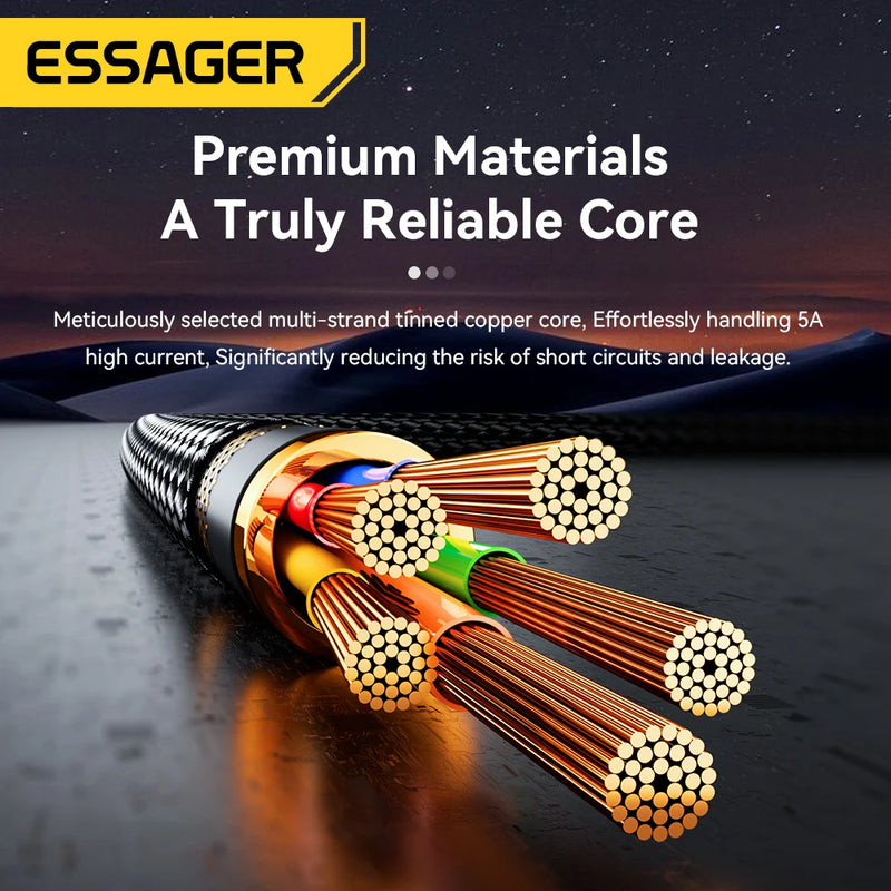 ខ្សែសាក Essager LED 100W ប្រភេទ C ទៅប្រភេទ C សម្រាប់ iPhone 16 15 Xiaomi Huawei 5A/3A PD សាកថ្មលឿនសម្រាប់ Macbook iPad Pro ថេប្លេត កុំព្យូទ័រយួរដៃ