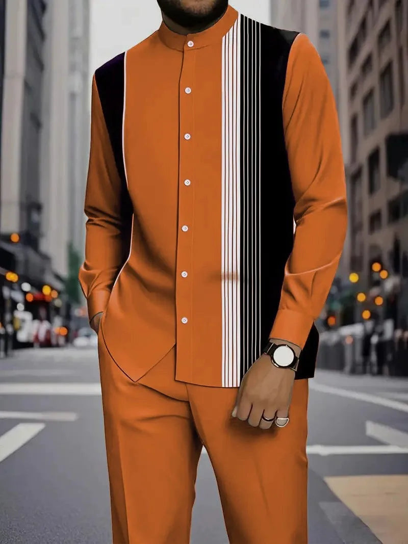 Men's Two-piece Set for Spring/Fall: An Ethnic-style Long-sleeve Shirt Paired with Pants, Red, Blue, Green, Gray, Black, Purple.