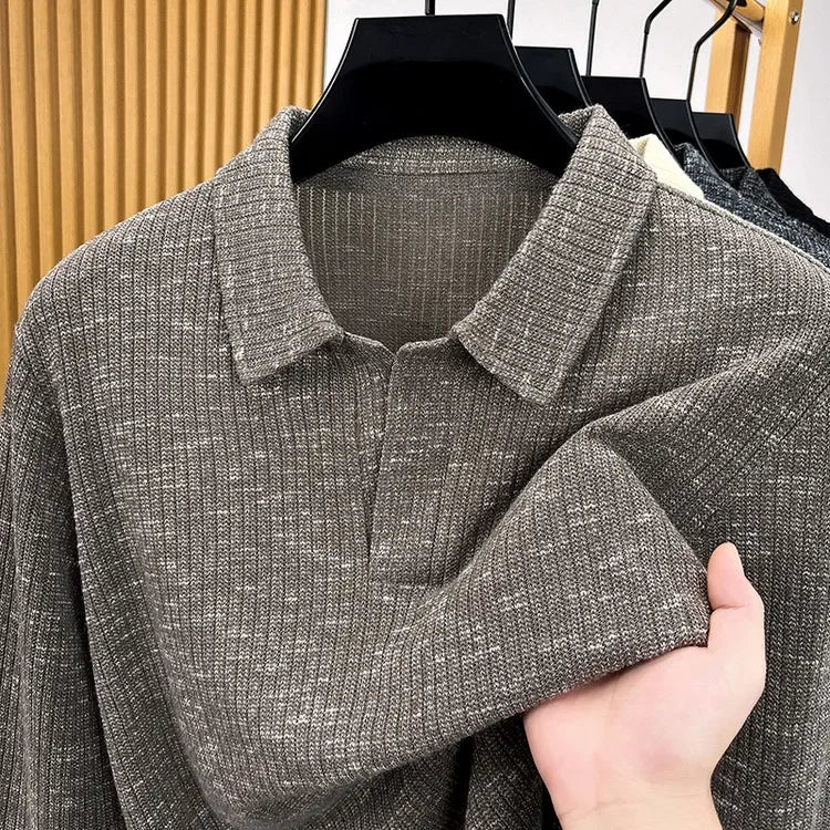Premium Mens Knitted Polo Long Sleeve Tops Fine Rib Texture Stretch Fabric Turn Collar For Daily And Business Occasions