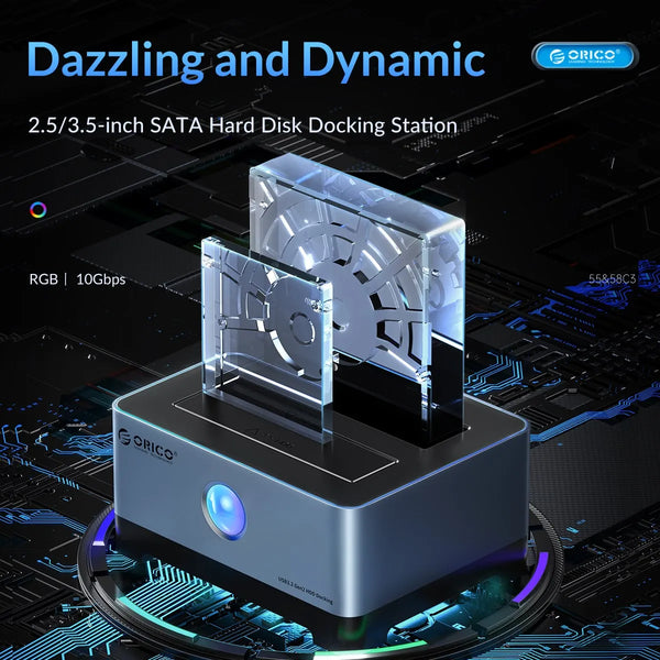 ORICO RGB Hard Drive Station Type-C Aluminum 2.5/3.5 Inch HDD Case RGB Cyberpunk Design 10Gbps Fast Speed Hard Disk Bay for PC