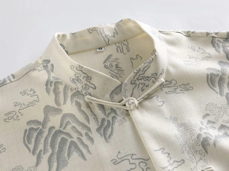 Chinese-style Men's Beige Short-sleeve Jacquard Shirt; Summer Blue Single-breasted Stand-collar Shirts.