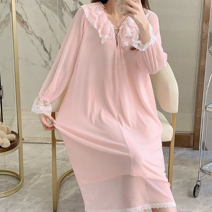 Court Princess Nightgowns Modal Spring Autumn Medium Long Pajamas Dress Lace Mesh Loungewear Nightdress Women Sleepwear