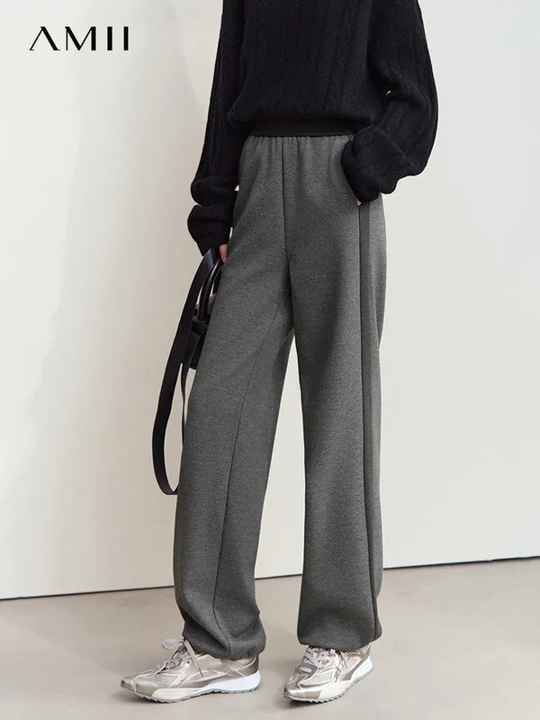 Amii 2026 Winter Women Clothes Rubber Band Waist Contrasting Color Splicing Velvet Casual Trousers Loose Two-wear Pants 12444239