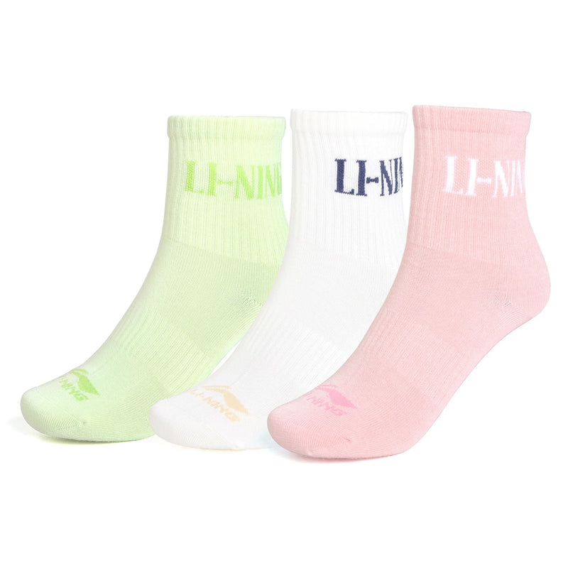 ស្រោមជើង Li-Ning Unisex 3គូ រចនាបថកីឡា LN ការពារបាក់តេរី 22-28សង់ទីម៉ែត្រ ស្រោមជើងទន់ស្រួល អក្សរបុរាណ LiNing AWTW005