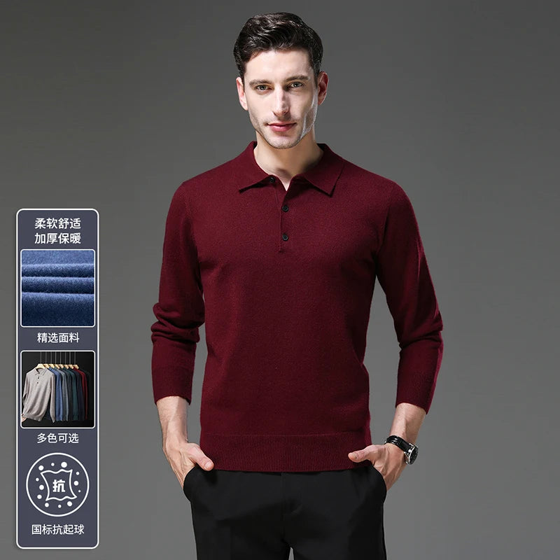 Men's Lapel Solid Color Woolen Sweater, Autumn & Winter New Stretch Top, Daily Leisure Pullover Knitwear, Business POLO