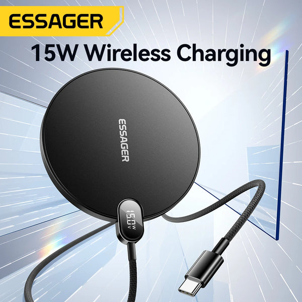 ឆ្នាំងសាកឥតខ្សែ Essager 15W អេក្រង់ LED ឌីជីថល បន្ទះសាកថ្មឥតខ្សែលឿន សម្រាប់ iPhone 16 15 14 Pro Max Samsung 23 Xiaomi Huawei