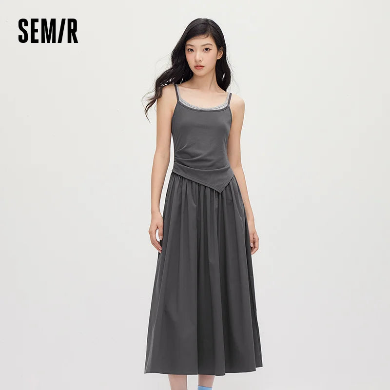 Women Dress Spliced Fake Two Piece Slim Fit Smart Casual Design Textured Maxi 2026 Summer Elegant Fashion Daily Wear Top